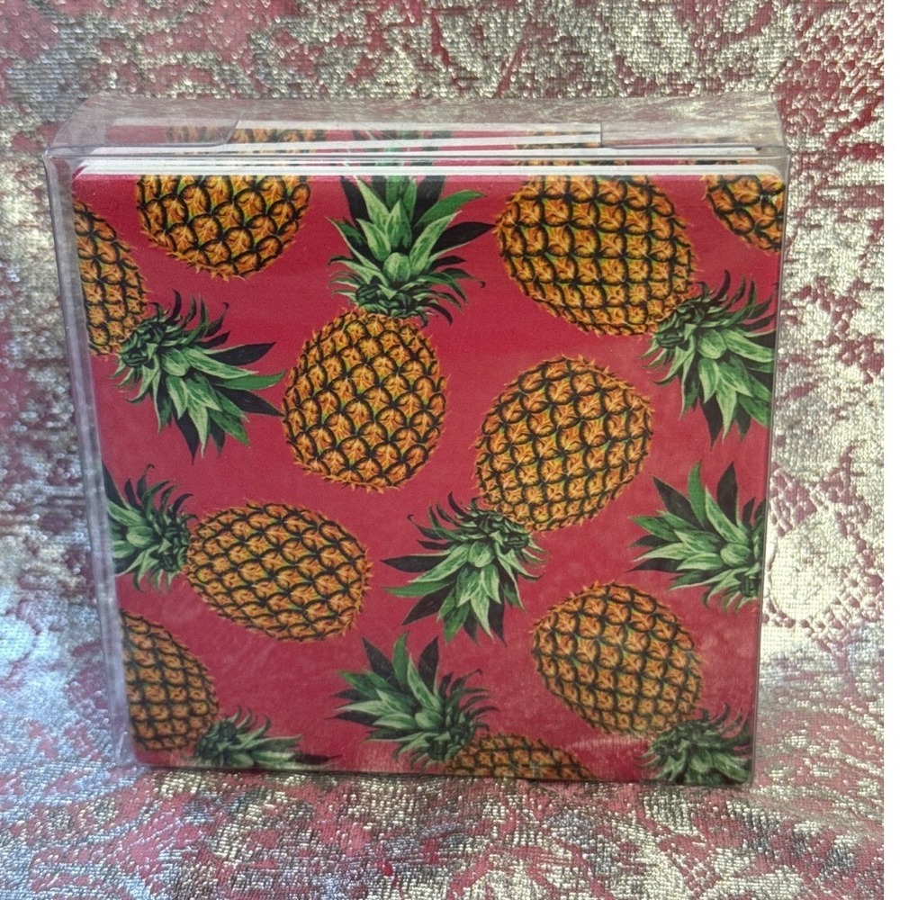 Pineapple Tile Coaster Set Of 4 Cork Back 4x4 Tropical Aloha Decor‎ NIB